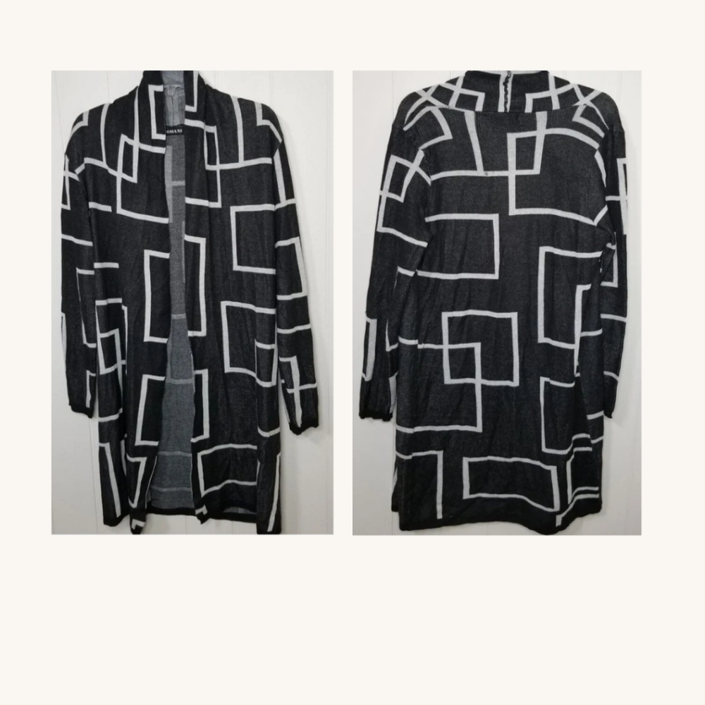 Domani Sweater Cardigan Women's Size Large Black White Lagenlook Boho